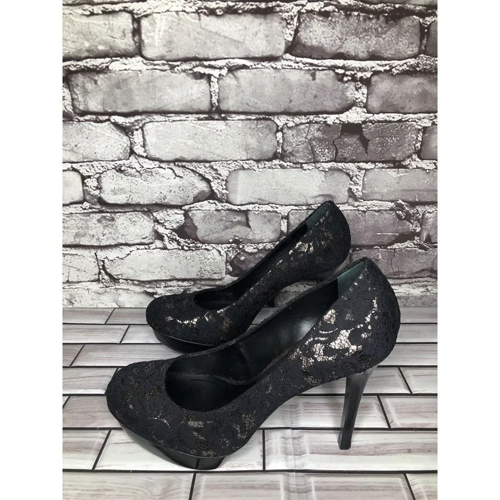 Tory Burch Black Leather Floral Fabric Platform Stiletto High Heels Women Sz 8M - Picture 10 of 16